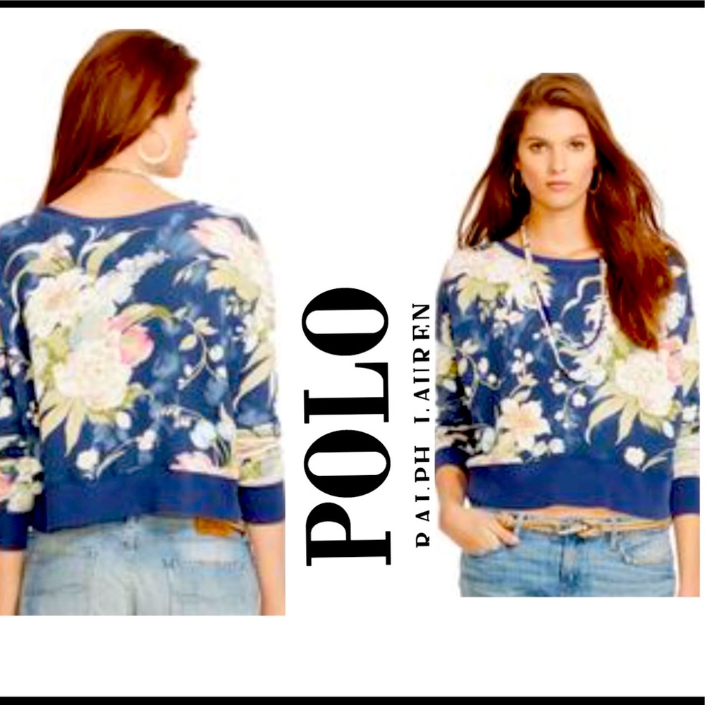POLO RALPH LAUREN Cropped Blue Floral Sweatshirt. Size S